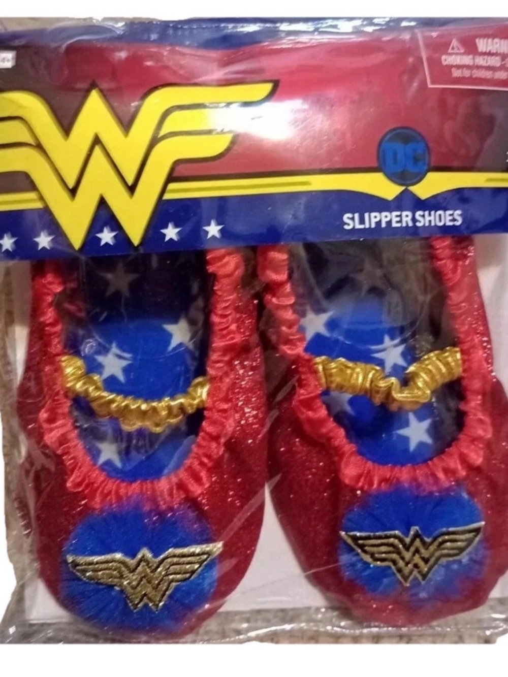 New DC Wonder Woman Red Glitter Slip-On Kids Slippers with Gold Emblem